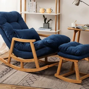 Rocking Chair, Wooden Rolling Chair, Wooden Easy Chair With Stool Solid Wood 1 Seater Rocking Chairs (Finish Color - Blue, Pre-assembled)