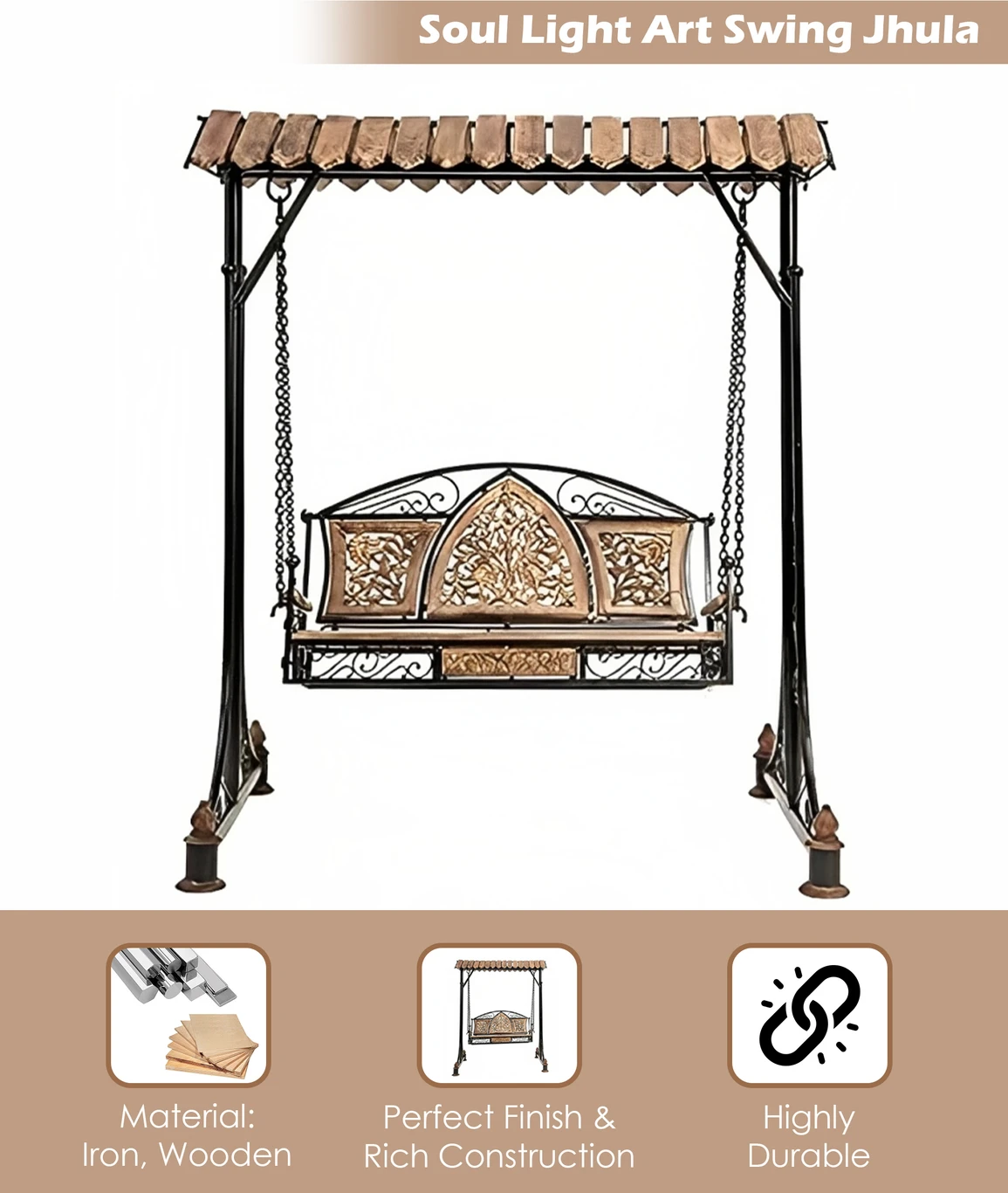 India wood mart Iron Jhoola for Garden Decor-Foldable Hammock Swing Iron, Wooden Large Swing Iron, Wooden Large Swing (Brown, Black, DIY(Do-It-Yourself)) - Image 2