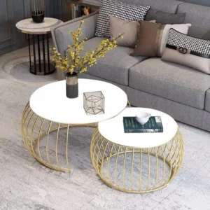 Modern Round Coffee Table Sets Nesting Table with Metal Frame,White Finish Metal Nesting Table (Finish Color - WHITE, Set of - 2, Pre-assembled)