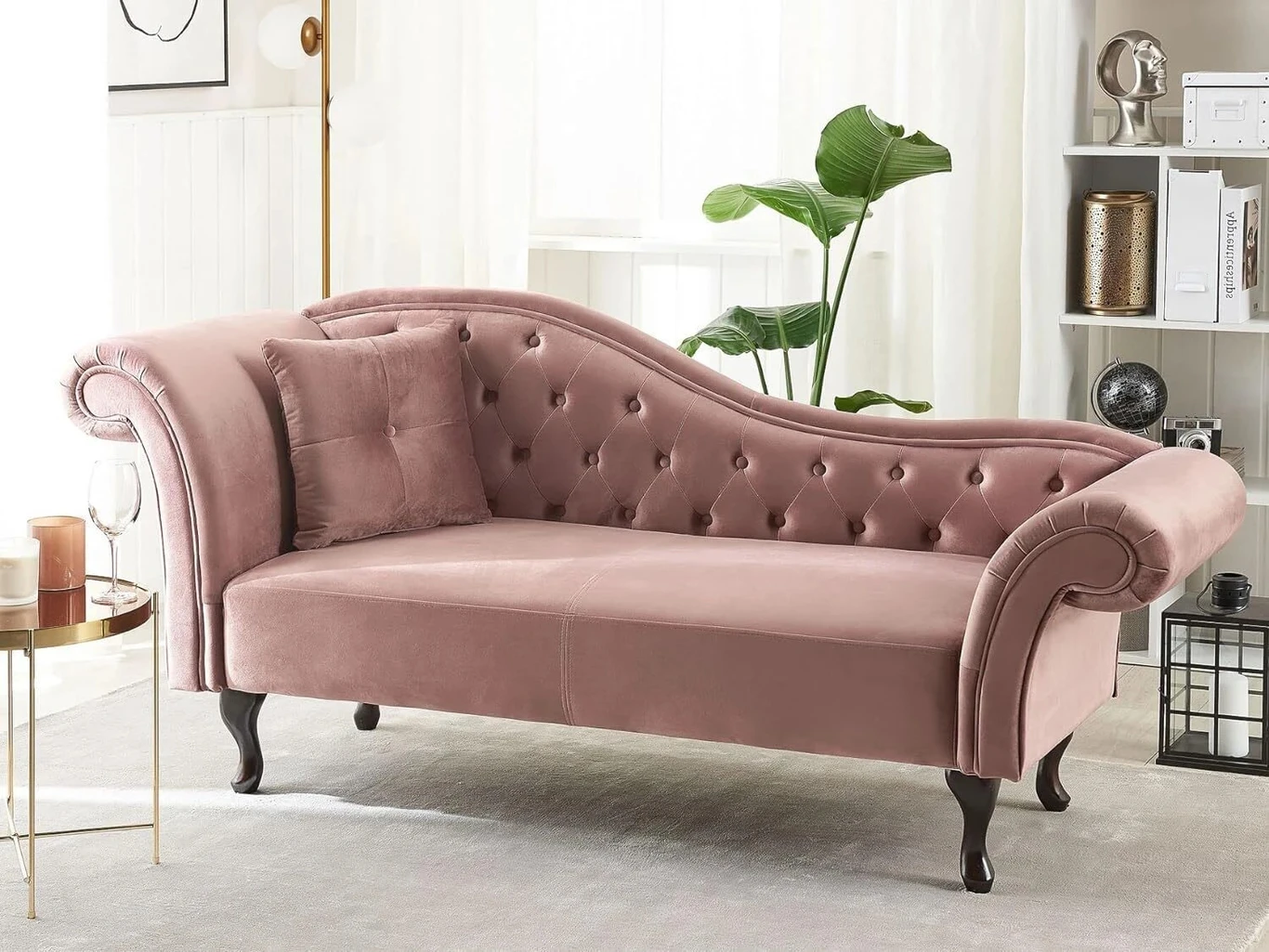 India wood mart Chesterfield Chaise Lounge Couch Button Tuffted Velvet Diwan .ROYAL Diwan Foam Diwan (Finish Color -PINK, Pre-assembled)