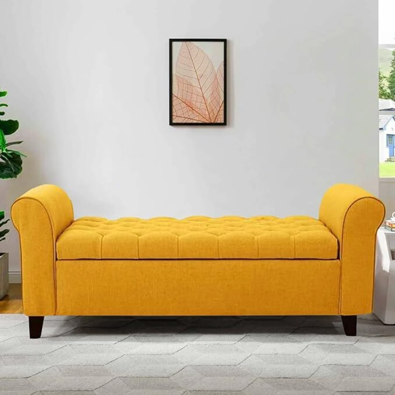 Wooden Upholstered Storage Bench 2 Seater Sofa Couch Poufffe Storage Ottoman Solid Wood 2 Seater (Finish Color - Yellow, Pre-assembled)