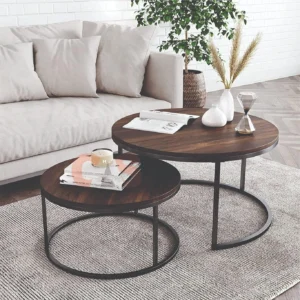 Round Modern Nesting Coffee Set of 2, Stacking Living Room Accent Tables Metal Nesting Table (Finish Color - BROWN / BLACK, Set of - 2, Pre-assembled)
