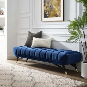 Modern Velvet Fabric Upholstered Tufted Accent Bench. Solid Wood 3 Seater (Finish Color - Blue, Pre-assembled)