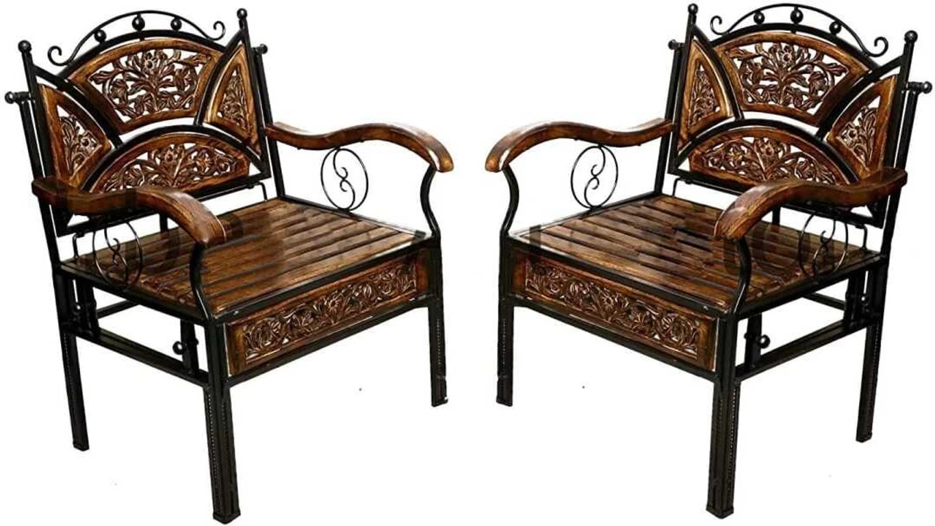 Wood & Wrought Iron Sofa Set with center table Metal 4 Seater Dining Set (Finish Color -BROWN / BLACK, Pre-assembled) - Image 4