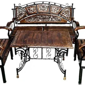 Wood & Wrought Iron Sofa Set with center table Metal 4 Seater Dining Set (Finish Color -BROWN / BLACK, Pre-assembled)
