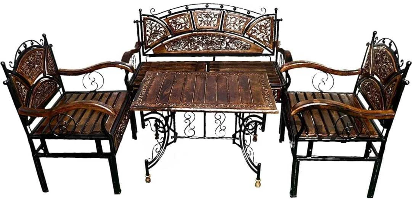 Wood & Wrought Iron Sofa Set with center table Metal 4 Seater Dining Set (Finish Color -BROWN / BLACK, Pre-assembled)