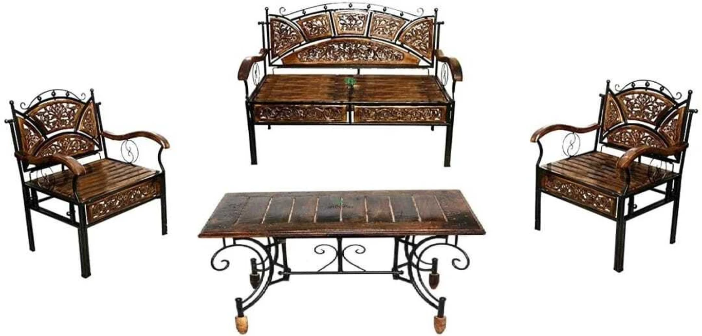Wood & Wrought Iron Sofa Set with center table Metal 4 Seater Dining Set (Finish Color -BROWN / BLACK, Pre-assembled) - Image 3