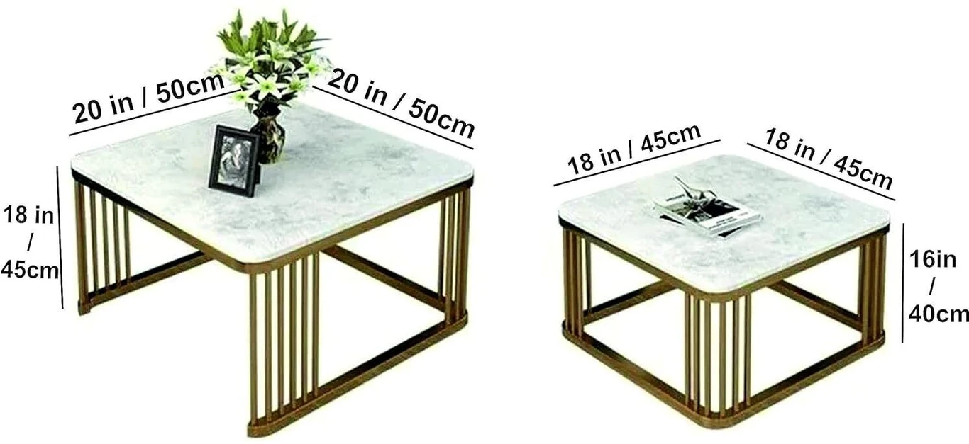 Iron Frame Square 20"x20" Coffee Table/Nesting Table. Engineered Wood Coffee Table (Finish Color - GOLD-WHITE/WHITE, Pre-assembled)