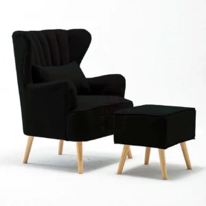 India wood mart Wing Chair for Living Room with Ottoman |Chair with Foot Rest and Cushion | Solid Wood Living Room Chair (Finish Color - black, Pre-assembled)