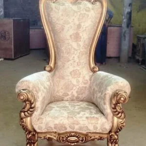 India wood mart Wood Carving Arm Chair High Back Throne Gold Leaf || Gold & White Solid Wood Living Room Chair (Finish Color - golden, Pre-assembled)