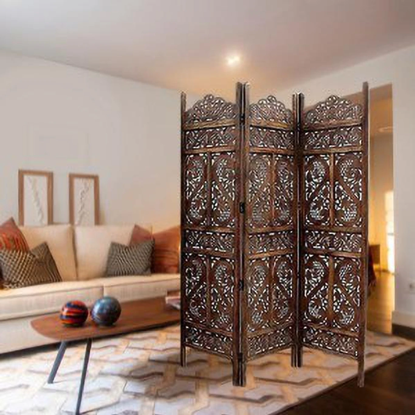 Wooden Room Partition/Screen/Room Divider Handicrafts Pattern (3) Panel Solid Wood Decorative Screen Partition (Floor Standing, Finish Color - Brown, 3, Pre-assembled) - Image 3