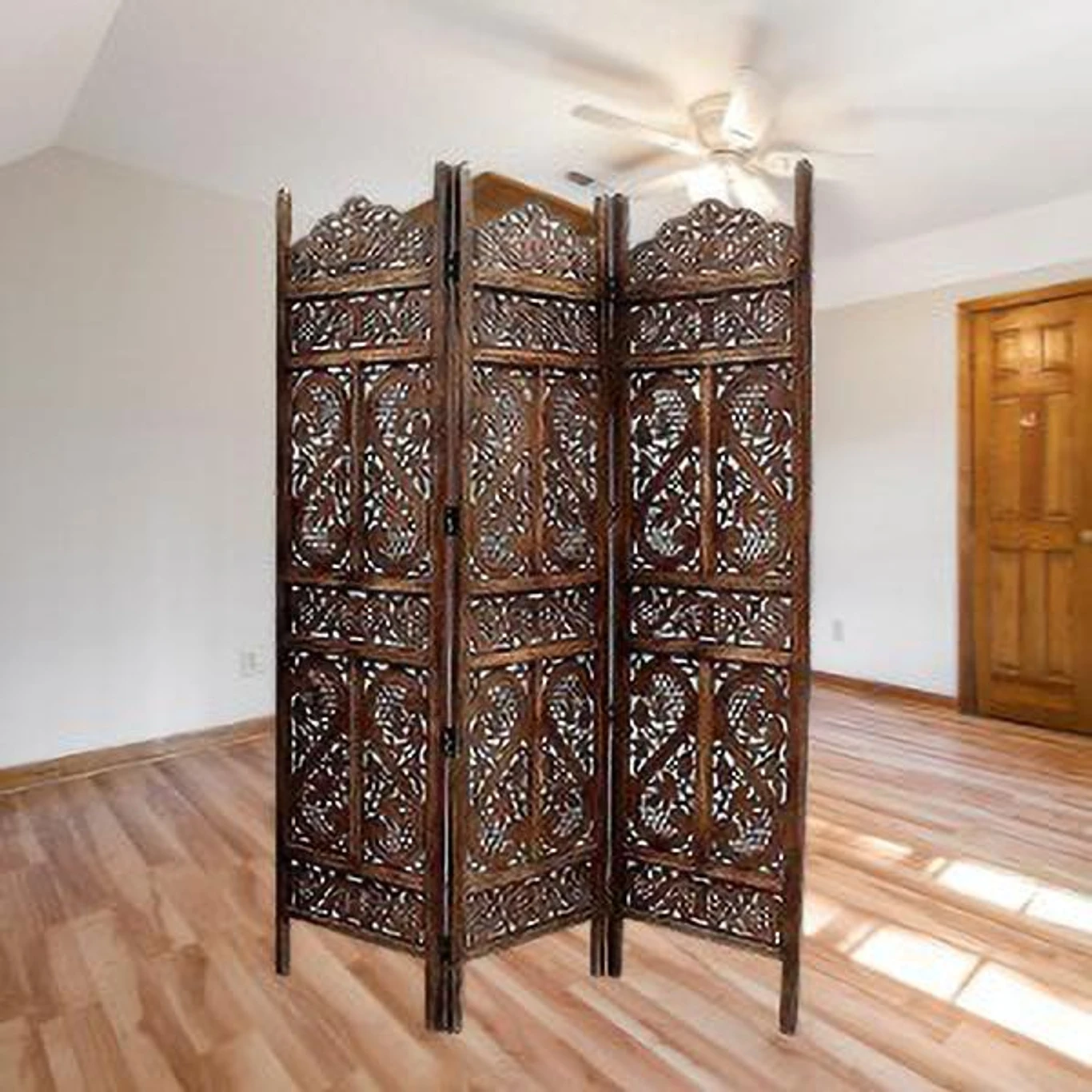 Wooden Room Partition/Screen/Room Divider Handicrafts Pattern (3) Panel Solid Wood Decorative Screen Partition (Floor Standing, Finish Color - Brown, 3, Pre-assembled) - Image 6