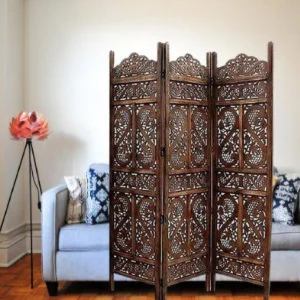 Wooden Room Partition/Screen/Room Divider Handicrafts Pattern (3) Panel Solid Wood Decorative Screen Partition (Floor Standing, Finish Color - Brown, 3, Pre-assembled)