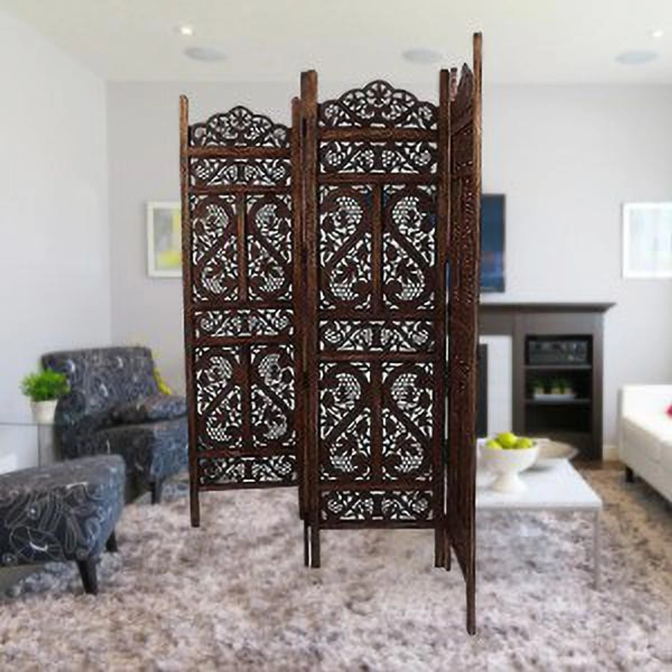 Wooden Room Partition/Screen/Room Divider Handicrafts Pattern (3) Panel Solid Wood Decorative Screen Partition (Floor Standing, Finish Color - Brown, 3, Pre-assembled) - Image 4