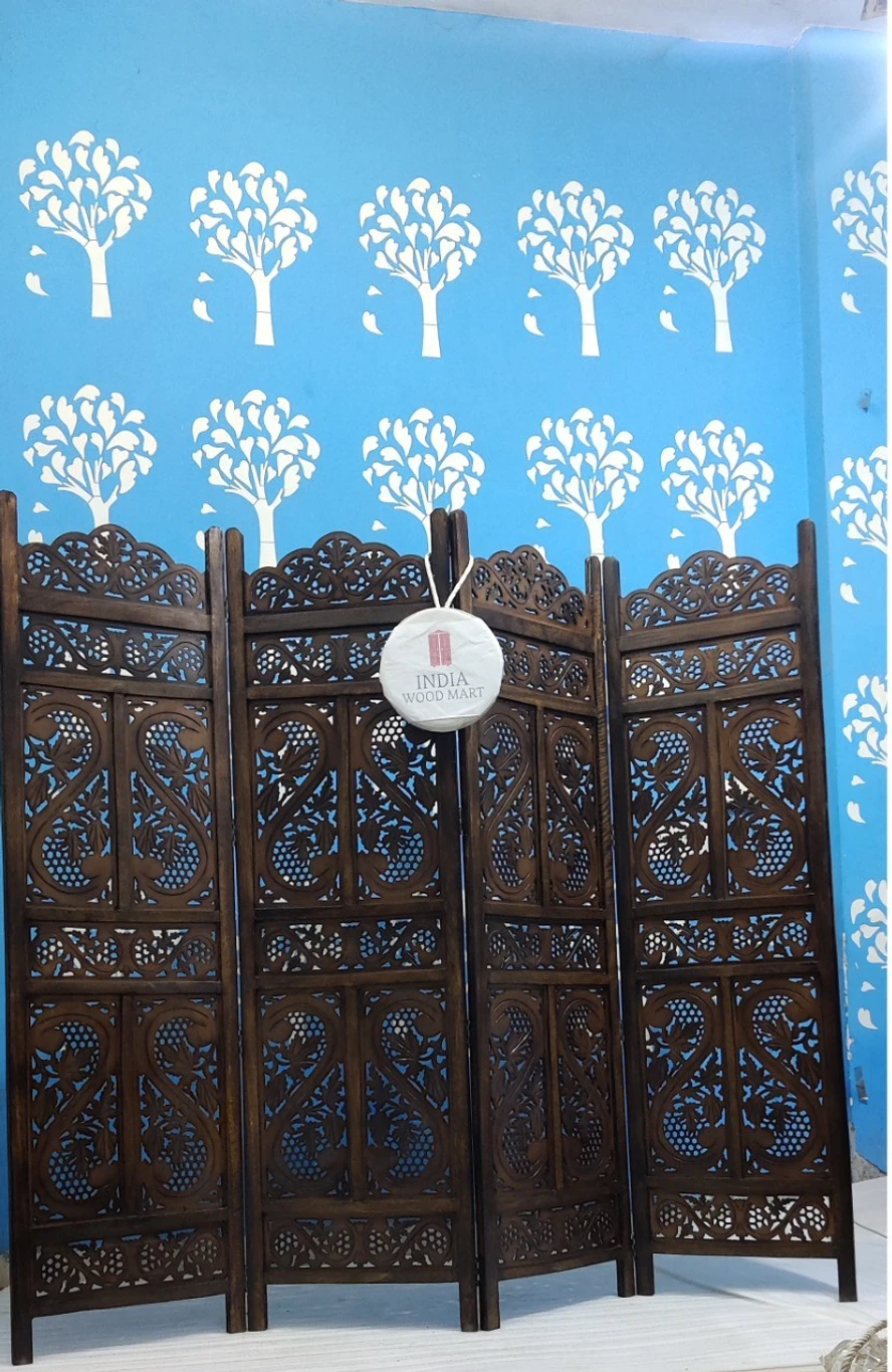 Wooden Room Partition/Screen/Room Divider/Handicrafts (4) Panel Solid Wood Decorative Screen Partition (Floor Standing, Finish Color - Brown, 4, Pre-assembled) - Image 2