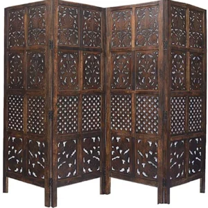 Beautiful Wooden Room Partition/Handicrafts Pattern (4) Panel Solid Wood Decorative Screen Partition (Floor Standing, Finish Color - Brown, 4, Pre-assembled)