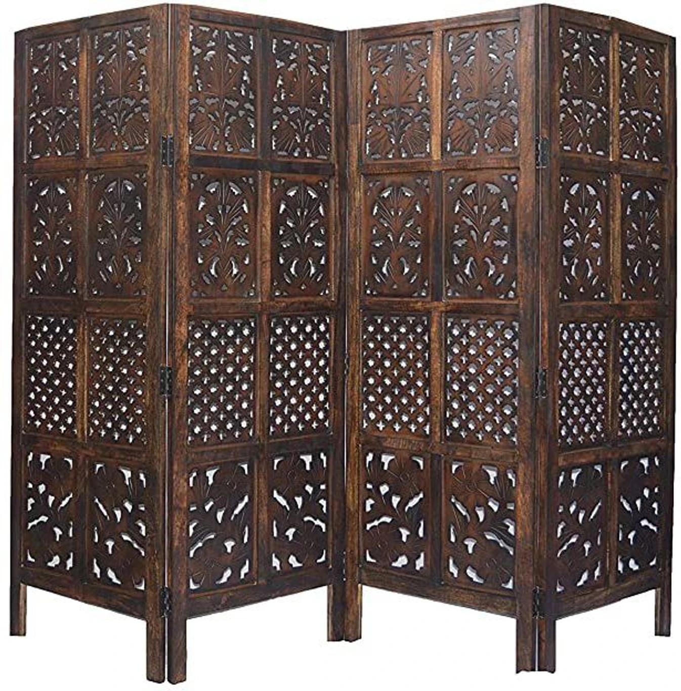 Beautiful Wooden Room Partition/Handicrafts Pattern (4) Panel Solid Wood Decorative Screen Partition (Floor Standing, Finish Color - Brown, 4, Pre-assembled)