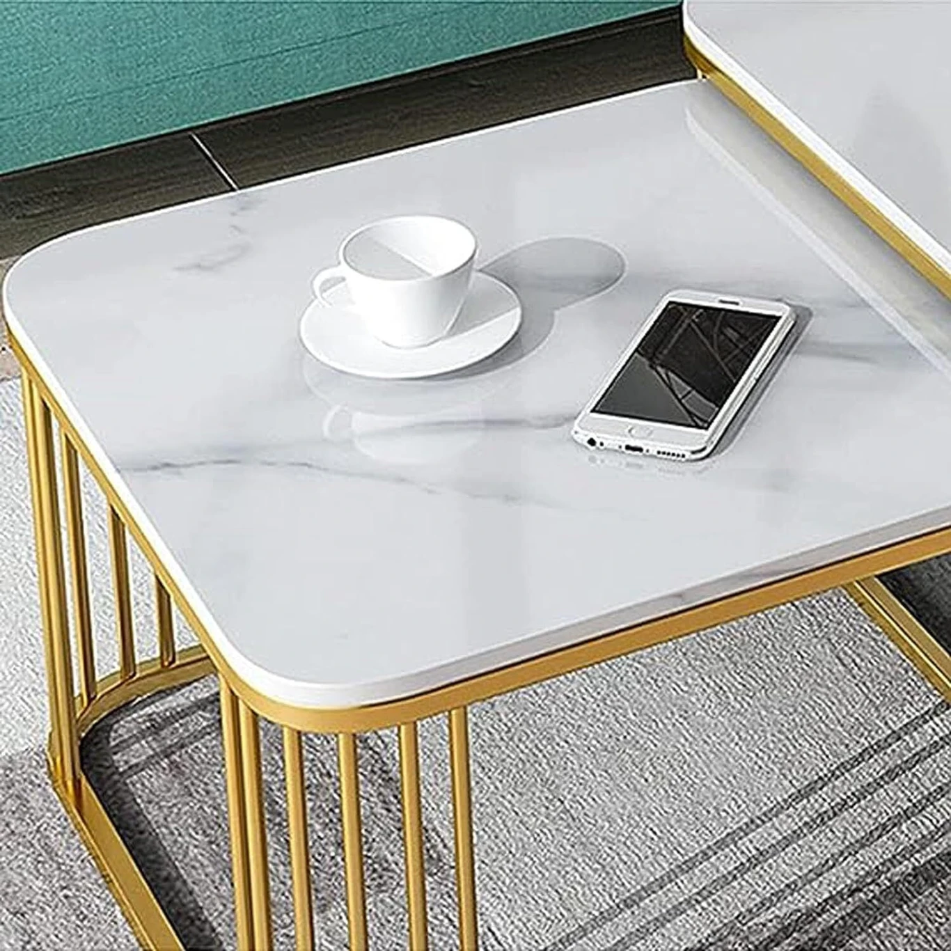 Iron Frame Square 20"x20" Coffee Table/Nesting Table. Engineered Wood Coffee Table (Finish Color - GOLD-WHITE/WHITE, Pre-assembled) - Image 5