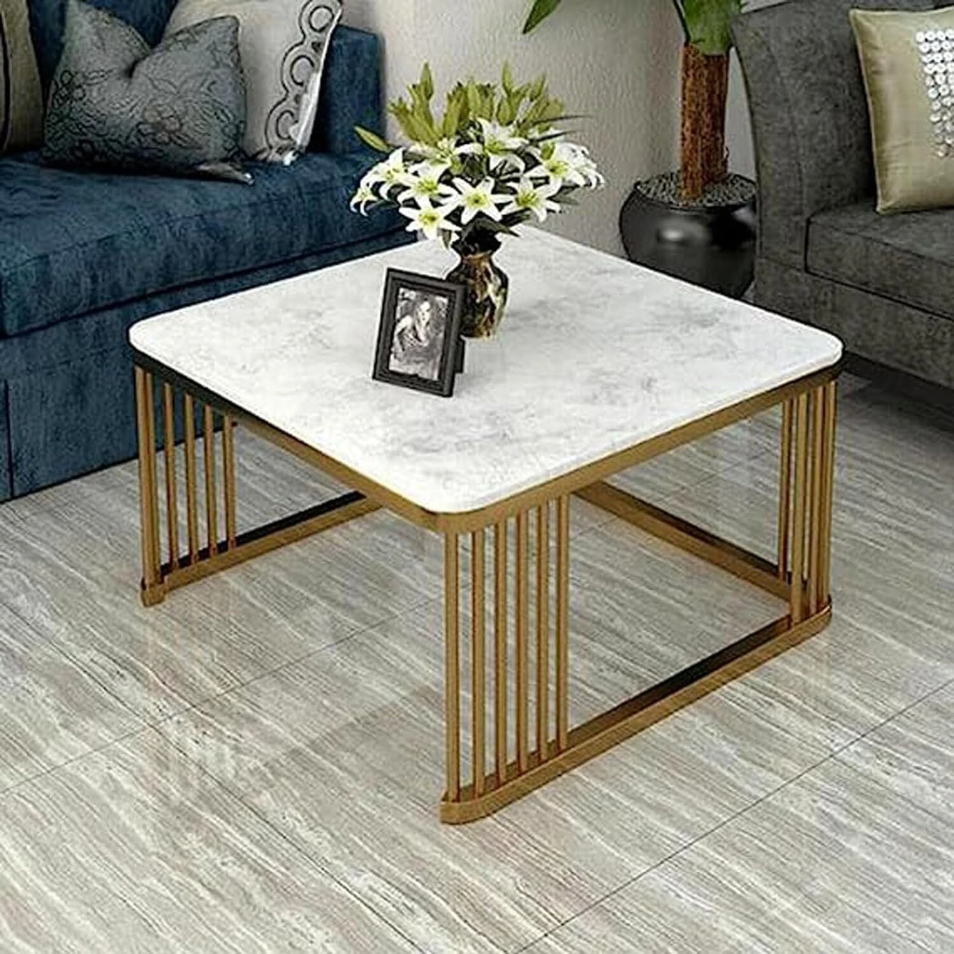 Iron Frame Square 20"x20" Coffee Table/Nesting Table. Engineered Wood Coffee Table (Finish Color - GOLD-WHITE/WHITE, Pre-assembled) - Image 4