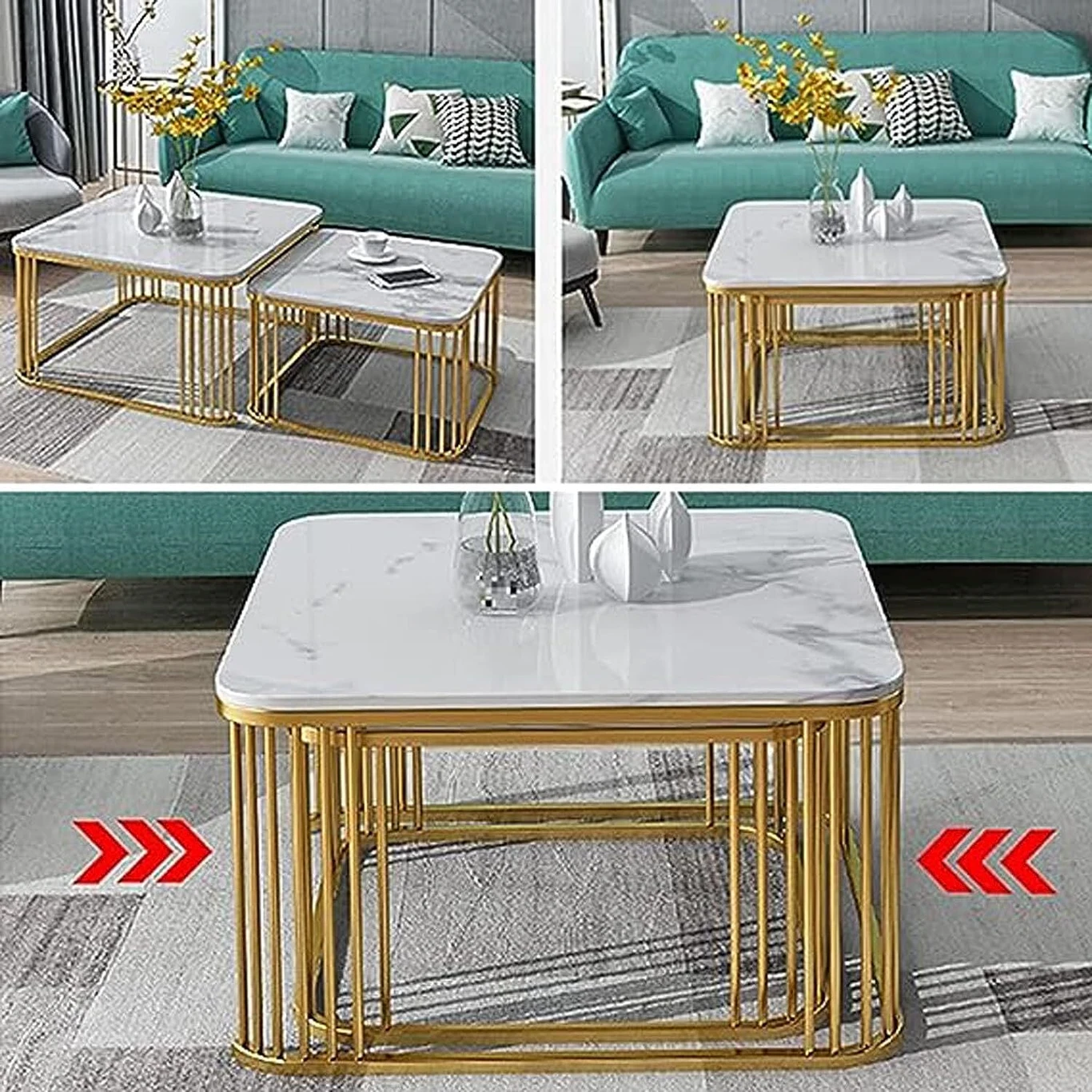 Iron Frame Square 20"x20" Coffee Table/Nesting Table. Engineered Wood Coffee Table (Finish Color - GOLD-WHITE/WHITE, Pre-assembled) - Image 2