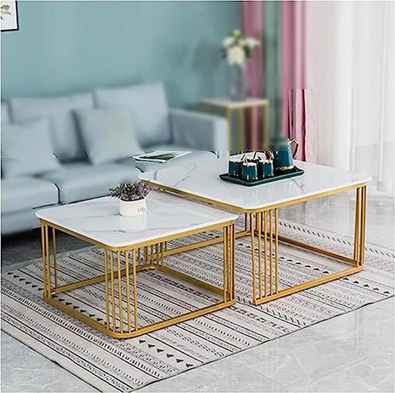 Iron Frame Square 20"x20" Coffee Table/Nesting Table. Engineered Wood Coffee Table (Finish Color - GOLD-WHITE/WHITE, Pre-assembled) - Image 7