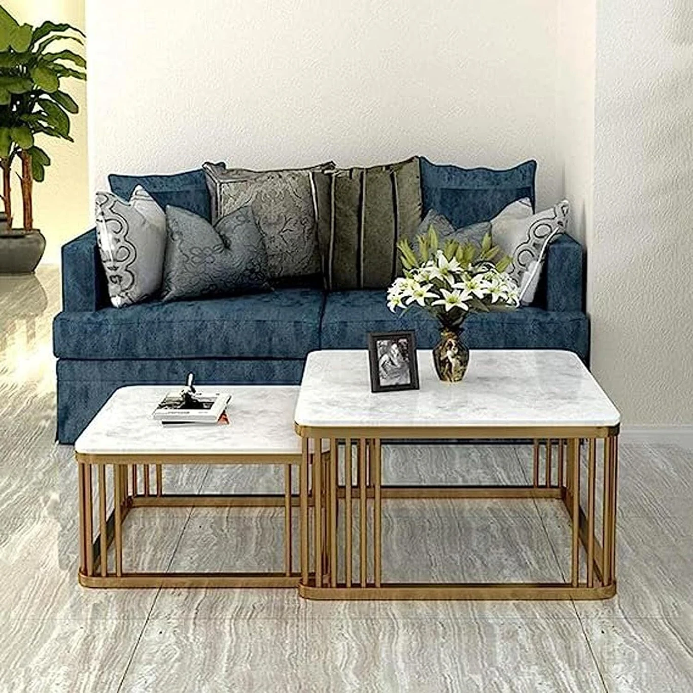 Iron Frame Square 20"x20" Coffee Table/Nesting Table. Engineered Wood Coffee Table (Finish Color - GOLD-WHITE/WHITE, Pre-assembled) - Image 3
