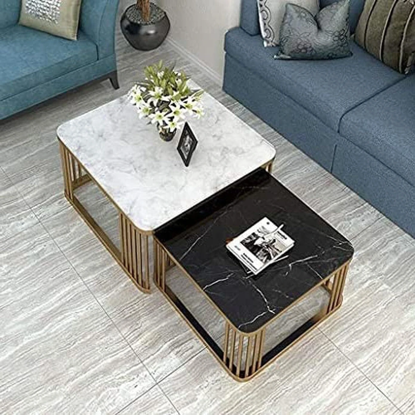 Iron Frame Square 20"x20" Coffee Table/Nesting Table. Engineered Wood Coffee Table (Finish Color - GOLD-WHITE/WHITE, Pre-assembled) - Image 6