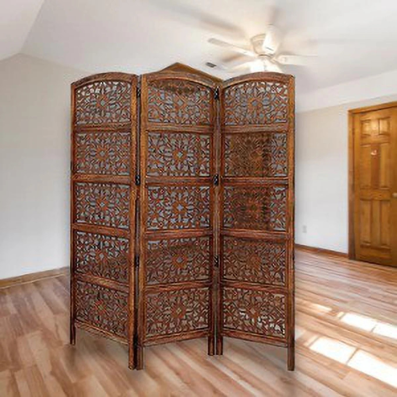 Wooden Room Partition | 3 Panel Room Divider Partition Solid Wood Decorative Screen Partition (Floor Standing, Finish Color - Brown, 3, Pre-assembled) - Image 4