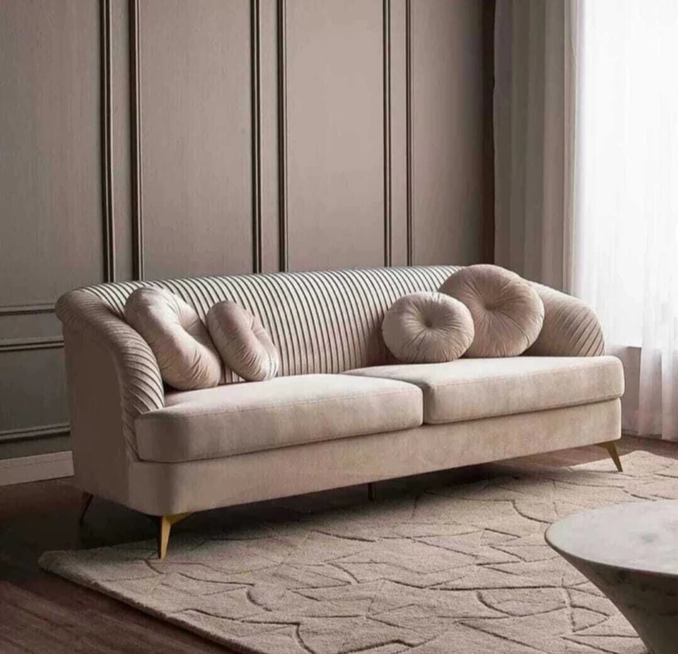 3-Seater Velvet Sofa Fabric 3 Seater Sofa Fabric 3 Seater Sofa (Finish Color - BEIGE, Pre-assembled)
